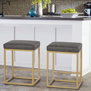 MAISON ARTS Counter Height 24" Bar Stools Set of 2 for Kitchen Counter Modern Gold Barstools Upholstered Faux Leather Square Stools Backless Farmhouse Island Chairs,Support 330 LBS,24 Inch,Grey+Gold