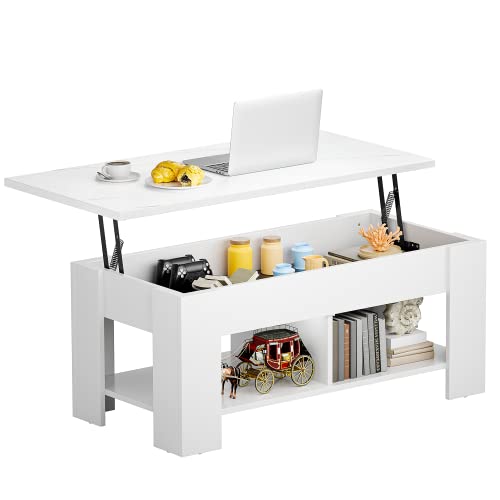 NOBLEWELL Lift Top Coffee Table with Storage Compartment and Separated Open Shelves, Pop Up Coffee Table for Living Room, 39.4in L, White Marble