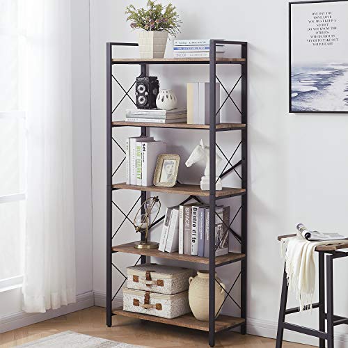 OIAHOMY Industrial Bookshelf，5-Tier Vintage Bookcase and Bookshelves，Rustic Wood and Metal Shelving Unit，Display Rack and Storage Organizer for Living Room, Brown Oak