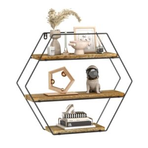 TFER Floating Shelves Wall Mounted Hanging Shelf Hexagon Rustic Farmhouse Shelves for Wall Decor,Storage | Metal Bracket and Reclaimed Natural Wood Shelf for Living Room,Bedroom,Bathroom,Kitchen