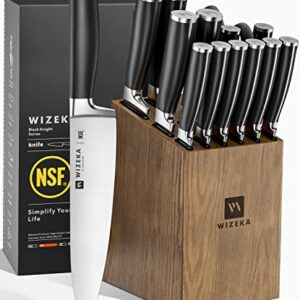 WIZEKA Knife Set, NSF Certified 15pcs Kitchen Knife Set, 1.4116 German Stainless Steel Knife Sets for Kitchen With Block, Full Tang Design&Comfortable Anti-Slip Handle, Black Knight Series