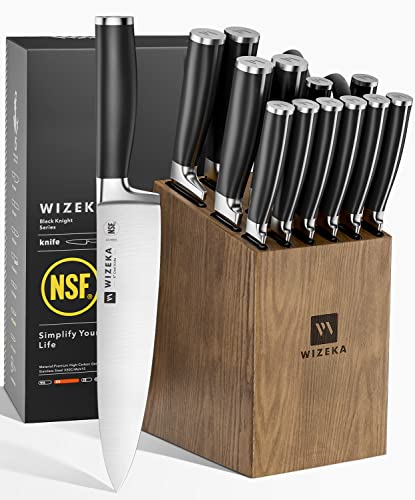WIZEKA Knife Set, NSF Certified 15pcs Kitchen Knife Set, 1.4116 German Stainless Steel Knife Sets for Kitchen With Block, Full Tang Design&Comfortable Anti-Slip Handle, Black Knight Series
