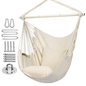 Y- STOP Hammock Chair Hanging Rope Swing, Max 500 Lbs, 2 Seat Cushions Included, Quality Cotton Weave for Superior Comfort, Durability, with Hardware Kit(Beige)