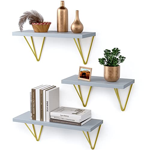 AMADA HOMEFURNISHING Floating Shelves, Wall Shelf with Triangle Golden Brackets, Decor Shelf for Living Room/Bedroom/Kitchen/Bathroom Set of 3, Grey