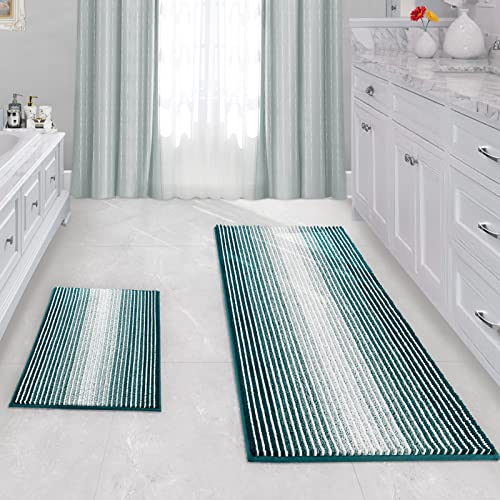 BSICPRO Bathroom Rugs and Mats Sets, 2 Piece Thick Absorbent Chenille Bath Mat Rug Set Non Slip, Soft Shaggy Bath Room Floor Mats for Bathroom, Machine Washable (20" x 47" Plus 16" x 24", Green)