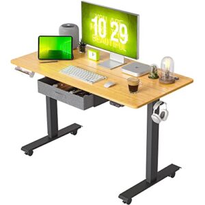 FEZIBO 48 x 24 Standing Desk with Drawer, Adjustable Height Electric Stand up Desk, Sit Stand Home Office Desk, Ergonomic Workstation Black Steel Frame/Bamboo Wood Grain Tabletop