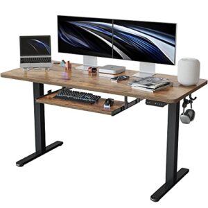 FEZIBO 55-Inch Large Height Adjustable Electric Standing Desk with Keyboard Tray, 55 x 24 Inches Sit Stand up Desk with Splice Board, Black Frame/Rustic Brown Top