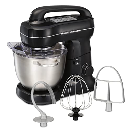 Hamilton Beach Electric Stand Mixer, 4 Quarts, Dough Hook, Flat Beater Attachments, Splash Guard 7 Speeds with Whisk, Black with Top Handle