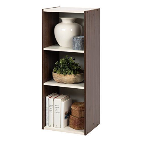 IRIS USA 3-Tier Cubby Storage Bookshelf with Adjustable Shelves, 14" Width Stackable Easy Assembly Space Saving Shelving Unit Bookcase, Walnut Brown/White