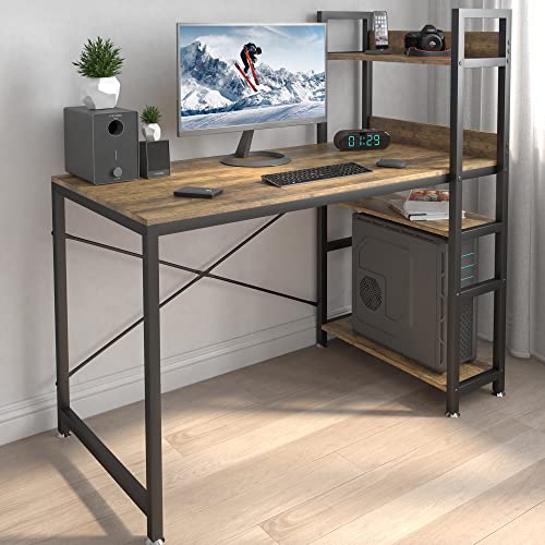 JSungo Computer Desk with 4 Tiers Shelves, 47 Inch Sturdy Table with Reversible Bookshelf for Home Office, Study Tower Desk for Small Space, Industrial Modern Style, Rustic Brown