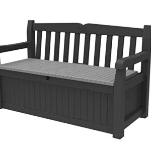Keter Solana 70 Gallon Storage Bench Deck Box for Patio Furniture, Front Porch Decor and Outdoor Seating – Perfect to Store Garden Tools and Pool Toys, Grey