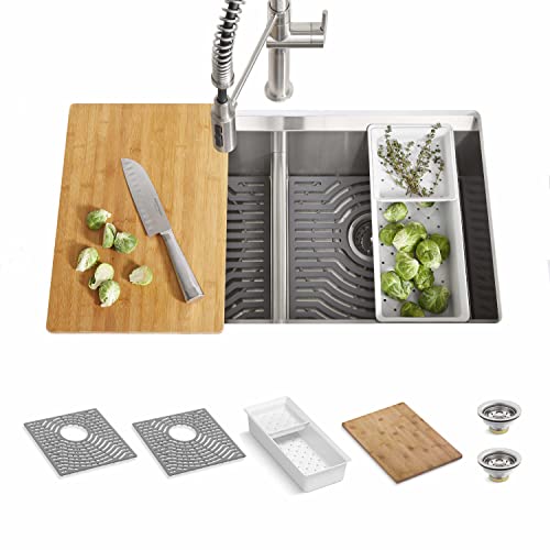 KOHLER K-80085-1PC-NA TASK Kitchen Sink, 33" Top or Undermount Workstation Sink with 1 Hole Faucet and Double Bowl in Stainless Steel