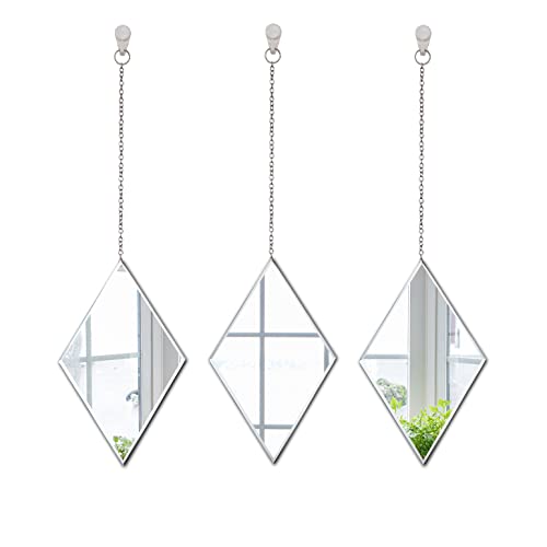 LYLDACER Yanliff Diamond Shape Decorative Wall Mirror.Set of 3,Hanging Chain Frameless Mirror. 8X13inches,Small Decor Mirror.