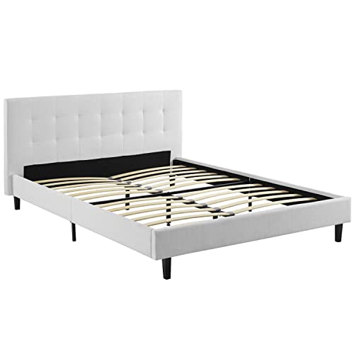 Modway Linnea Upholstered White Queen Platform Bed with Wood Slat Support