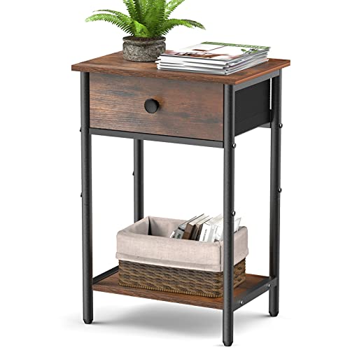 Nightstand with Drawers End Table Bedside Table for Small Space Side Table Night Stand with Wood Open Storage Shelf, Rustic Side Table for Bedroom, Living Room, Study, Office, Pantry