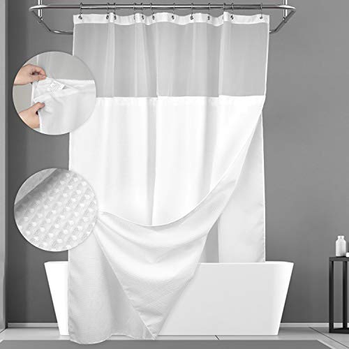 N&Y HOME Waffle Weave Shower Curtain with Snap-in Fabric Liner Set, 12 White Hooks Included - Hotel Style, Waterproof & Washable, Heavyweight Fabric & Mesh Top Window - 71x72, White