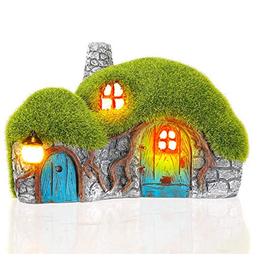 Outdoor Figurine Lights Garden House Statue - Outdoor Statues with Solar Lights Garden Cottage Lighting Figurines for Home or Yard Decor