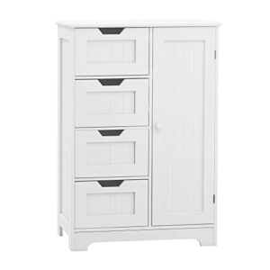 RASOO Bathroom Storage Cabinet White Freestanding Floor Storage Cupboard Adjustable Shelf with 4 Drawers and 1 Door