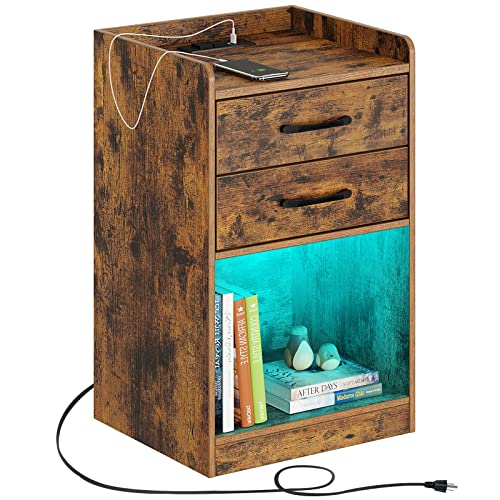 Seventable Nightstand with Charging Station and LED Lights, Rustic Design End Side Table with 2 Drawers, Nightstand Open Compartment for Bedroom, Rustic Brown