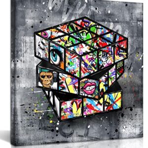 SIXTTART Banksy Canvas Wall-Art for Bedroom - Street Graffiti Wall Art - Abstract Painting Pop Art Wall Decor Modern Home Office Decor 14" W x 14" H Stretched and Framed Ready to Hang