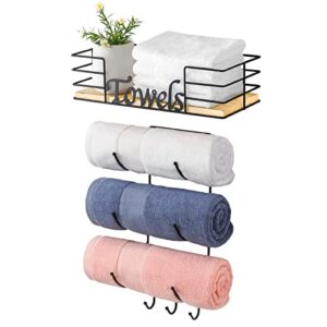 Towel Racks for Bathroom, Towel Holder Wall Mounted for Small Bathroom Wall, Roll Towel Rack with 3 Towel Hooks and Wooden Shelf, Drilling and No-Drill Installation Options Available, Black