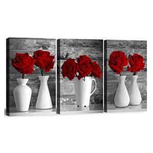 Wall Art Canvas Red Rose Painting Flower Wall Art Pictures For Bedroom Living Room 3 Piece Set Framed Home Decor Artworks 12"X16"