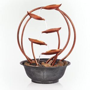 Alpine Corporation 13" H Indoor Multi-Tier Metal Leaf Tabletop Fountain with Stone-Filled Base