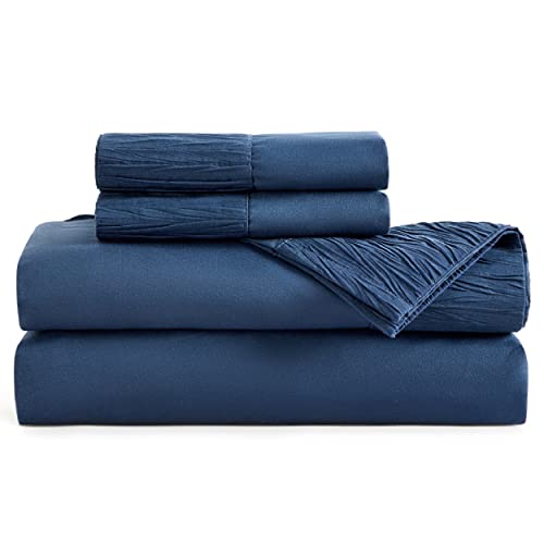 Bedsure Queen Sheet Set - Soft 1800 Sheets for Queen Size Bed, 4 Pieces Hotel Luxury Navy Sheets Queen, Easy Care Polyester Microfiber Cooling Bed Sheet Set