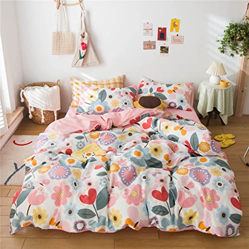 BHUSB Full Size Floral Bedding Sets Kids 3 Pieces Cotton Duvet Cover Queen Pink for Women Girls Boys Reversible Yellow Aesthetic Bedding Comforter Cover Set Boho Bedding Queen
