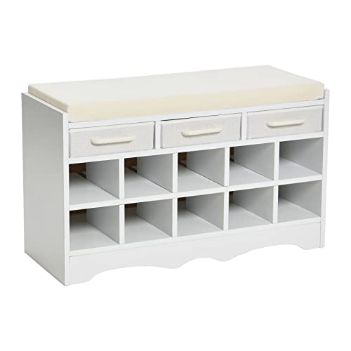Household Essentials Shoe 10 Cubbies, Cushioned Seat and Storage Drawers, White Finish Entryway Bench