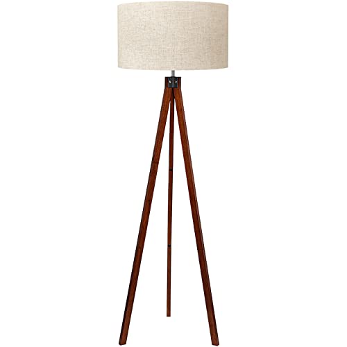 LEPOWER Wood Tripod Floor Lamp, Mid Century Standing Lamp, Modern Design Studying Light for Living Room, Bedroom, Study Room and Office, Flaxen Lamp Shade with E26 Lamp Base