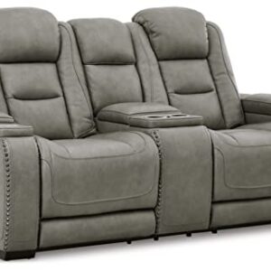 Signature Design by Ashley The Man-Den Leather Power Reclining Loveseat with Center Console, Adjustable Headrest & Wireless Charging, Gray