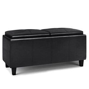 SIMPLIHOME Avalon 42 inch Wide Contemporary Rectangle 2 Tray Storage Ottoman in Midnight Black Faux Leather, Coffee Table, for the Living Room, Family Room, Contemporary