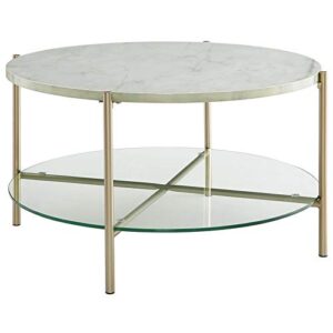 Walker Edison Blaine Mid Century Modern Marble and Glass Round Coffee Table, 32 Inch, Marble and Gold
