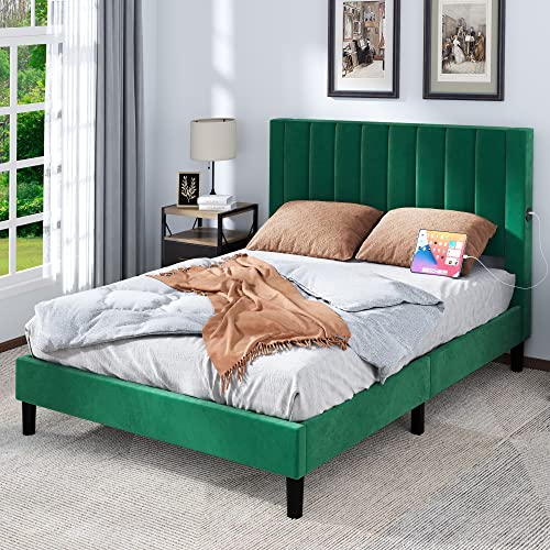 YITAHOME Queen Size Bed Frame, Green Upholstered Bed Frame with USB Ports, Vertical Channel Velvet Headboard Platform Bed Frame, No Box Spring Needed, Easy Assembly