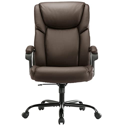 ZUNMOS Home Office Executive Desk High Back Computer Adjustable Height and Swivel Task Lumbar Head Support Chair, Leather Brown