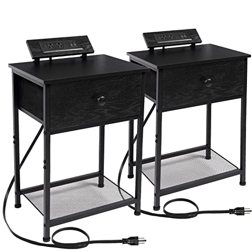 AMHANCIBLE Black Nightstands Set of 2, Small End Tables Living Room with Charging Station, Night Stands with USB Ports & Outlets, Slim Side Table with Drawers for Bedroom HET03SDPBK(Black)