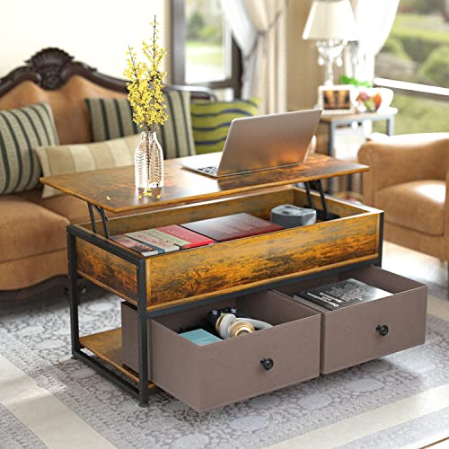 ASTARTH Lift Top Coffee Table, Industrial Wood Storage Shelf Cabinet for Living Room Reception Room Office, Pop-Up Storage, Open Shelf Rising Center/End Table for Living Room Reception (Black Brown)