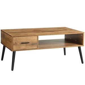 HAIOOU Coffee Table, Mid Century Modern Style Cocktail Table TV Stand with Drawer, Open Storage Shelf, Stable Floor-Anti-Scratching Pine Leg for Home, Office, Living Room - Retro Light Brown