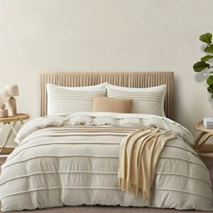 Oli Anderson Beige Duvet Cover Queen Size - Pleated Queen Duvet Cover, 3PCS Soft and Breathable Textured Bedding Set with Zipper Closure(Beige,90"x90")
