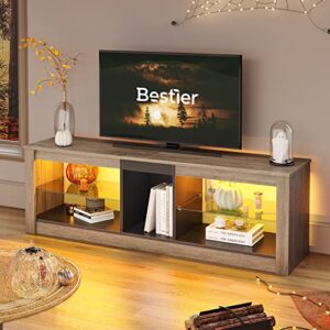 Bestier Entertainment Center LED Gaming TV Stand for 55+ Inch TV Adjustable Glass Shelves 22 Dynamic RGB Modes TV Cabinet Game Console PS4, Wash Gray