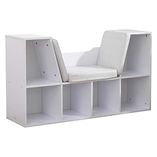 KidKraft Wooden Bookcase with Reading Nook, Storage and Gray Cushion, White, Gift for Ages 3-8