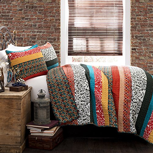 Lush Decor Boho Stripe Quilt Reversible 3 Piece Bohemian Design Bedding Set - King - Turquoise and Tangerine