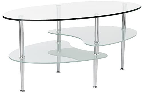 Walker Edison Modern Oval Glass Coffee Table Living Room Accent Ottoman Storage Shelf, 37 Inch, Glass