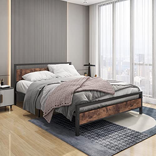 BOFENG Black Queen Size Bed Frames with Wood Headboard and Footboard,Heavy Duty Platform Bed Frame with Storage No Box Spring Needed,Steel Slats Mattress Foundation Square Pipe Design Noise Free,Brown