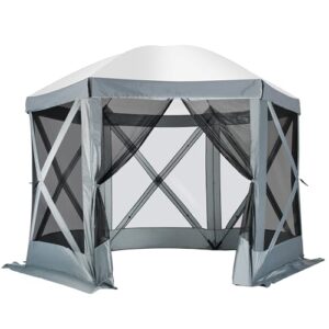 10FT Pop Up Gazebo with 2 Wind Panels, 6 Person Mosquito Netting Screen Tents for Camping, Patio, Backyard, Portable 6 Sided Outdoor Canopy Tent Shelter with Ground Stakes & Carry Bag (Gray)