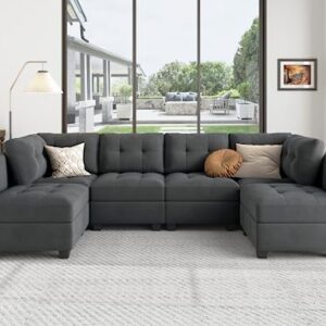 HONBAY Modular Sectional Sofa Velvet U Shaped Couch with Reversible Chaises 6 Seater Sectional Sofa with Storage Seat, Bluish Grey