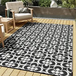HUGEAR Outdoor Rug, Large Waterproof Outdoor Area Rug, Reversible Portable Outdoor Plastic Straw Carpet for RV Deck Camping Front Door Indoor Outside Porch Picnic (5x8ft Clover Black&White)