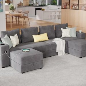 PaPaJet Sectional Sofa, 114 Inch Modular Sectional Sofa with 2 USB Ports & Cup Holders, 6 Seats U Shaped 4 Pieces Set Sectional Couch, Couch with Storage, Ottomans, Linen Gray Sofa Couch
