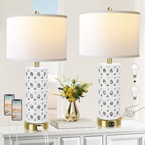 QiMH White Ceramic Table lamp Set of 2, Modern Bedside Nightstand Lamp for Living Room Bedroom Decor, 3 Way Dimmable Touch Control LED Light with Dual USB, Linen Fabric Shade Farmhouse Lamps